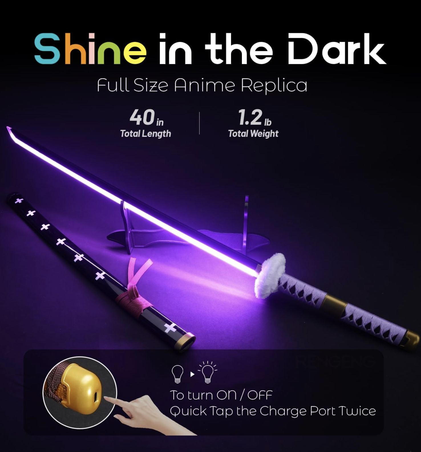 RENGENG 40-inch Light-Up Anime Sword (Rechargeable LED Replica)