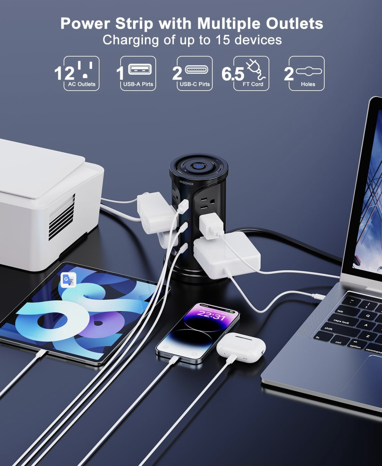 NVEESHOX Tower Surge Protector Power Strip – 12 AC & 3 USB Ports